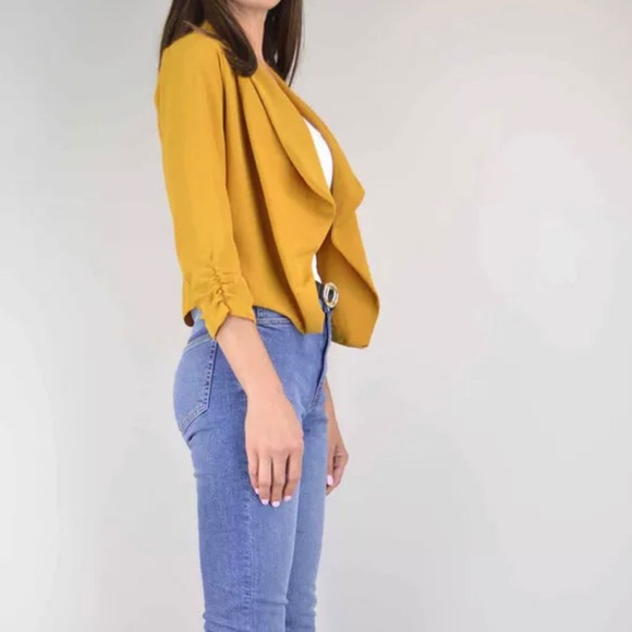 Mustard Crop Blazer with 3/4 Sleeves - Picture 2 of 3